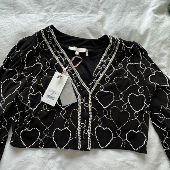 LoveShackFancy Norima Crop Cardigan Sz L Black Beaded Heart V-neck Cuff Sleeves - Picture 5 of 11